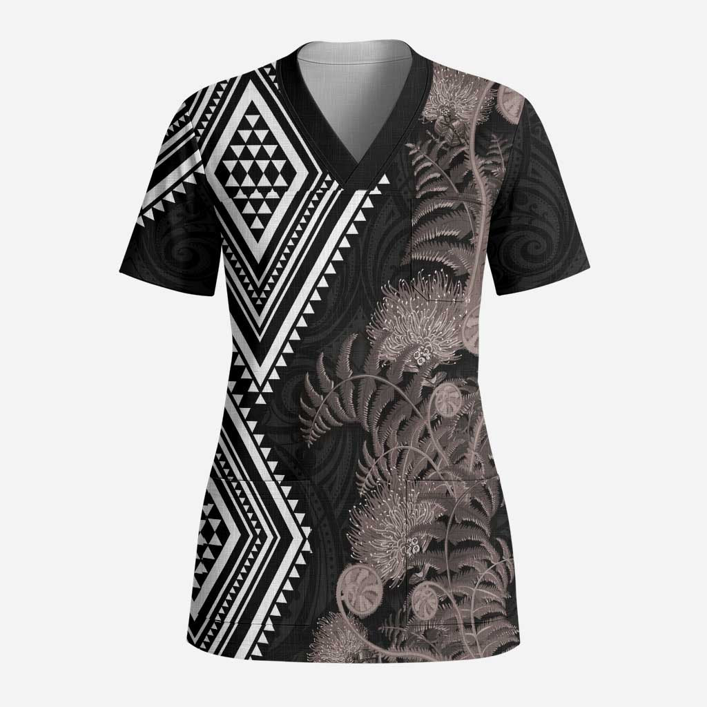 Aotearoa Tukutuku Motif Scrub Top Pohutukawa and Fern Leaves Grayscale Color LT03 Adult Black - Polynesian Pride