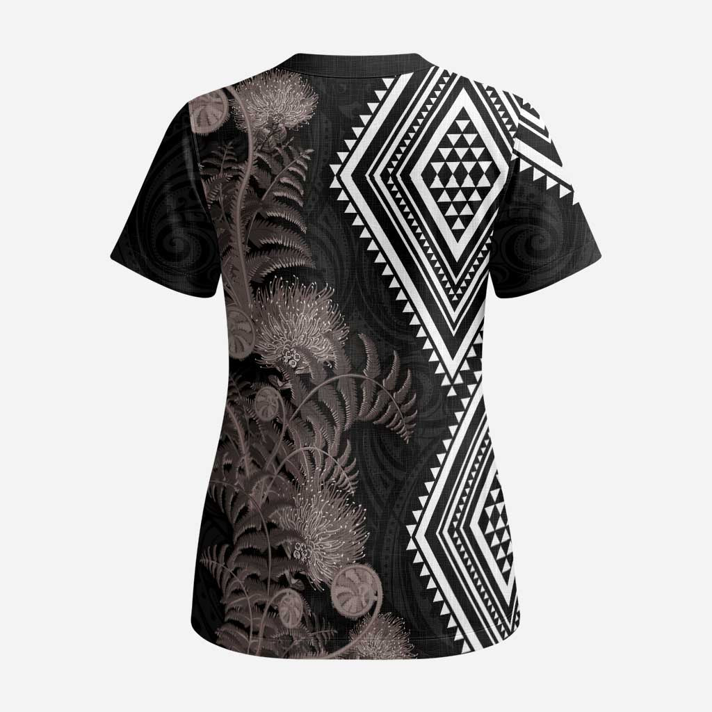 Aotearoa Tukutuku Motif Scrub Top Pohutukawa and Fern Leaves Grayscale Color LT03 - Polynesian Pride