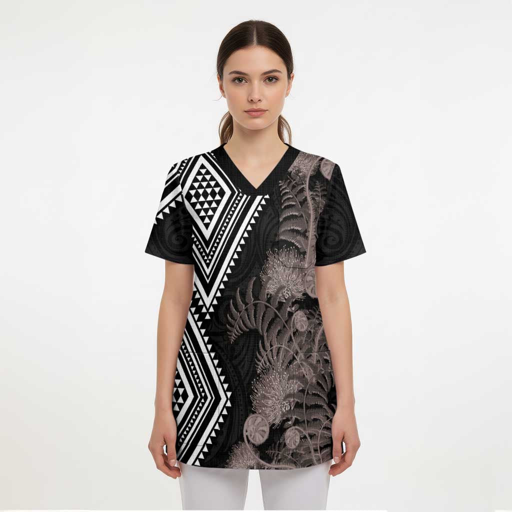 Aotearoa Tukutuku Motif Scrub Top Pohutukawa and Fern Leaves Grayscale Color LT03 - Polynesian Pride