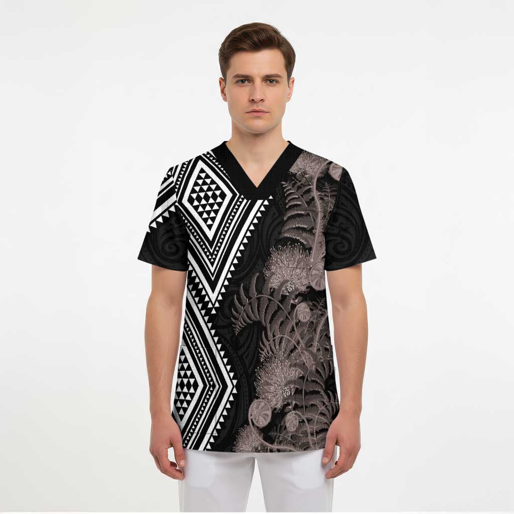Aotearoa Tukutuku Motif Scrub Top Pohutukawa and Fern Leaves Grayscale Color LT03 - Polynesian Pride