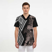 Aotearoa Tukutuku Motif Scrub Top Pohutukawa and Fern Leaves Grayscale Color LT03 - Polynesian Pride