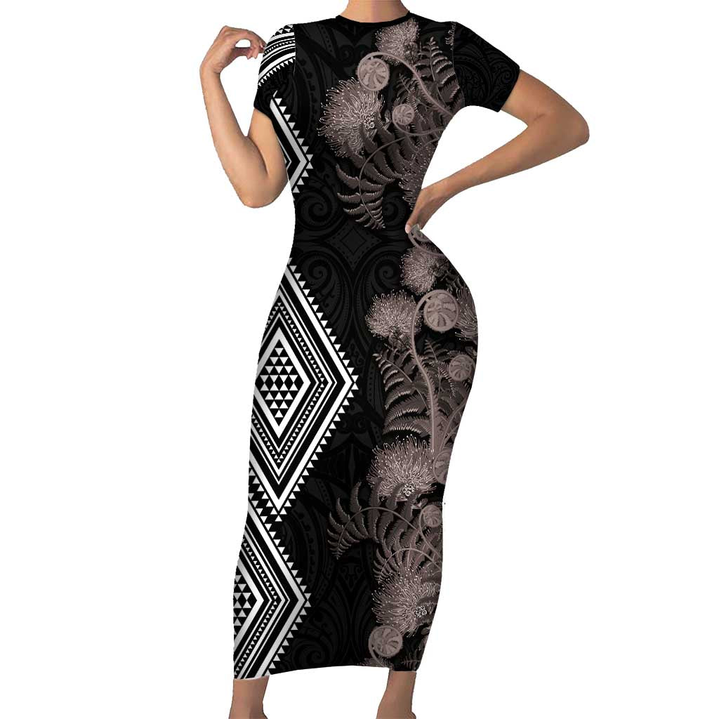 Aotearoa Tukutuku Motif Short Sleeve Bodycon Dress Pohutukawa and Fern Leaves Grayscale Color LT03 Long Dress Black - Polynesian Pride