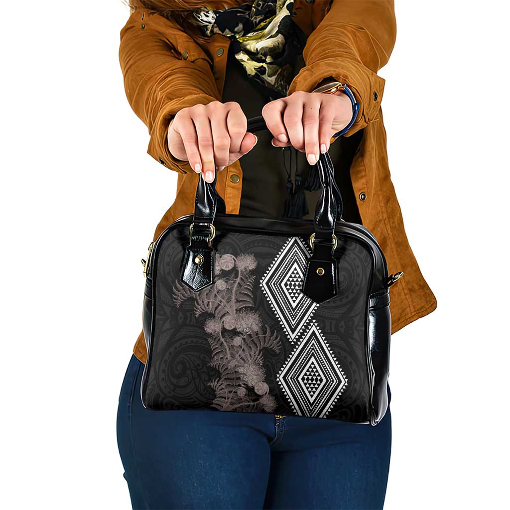 Aotearoa Tukutuku Motif Shoulder Handbag Pohutukawa and Fern Leaves Grayscale Color LT03 One Size Black - Polynesian Pride