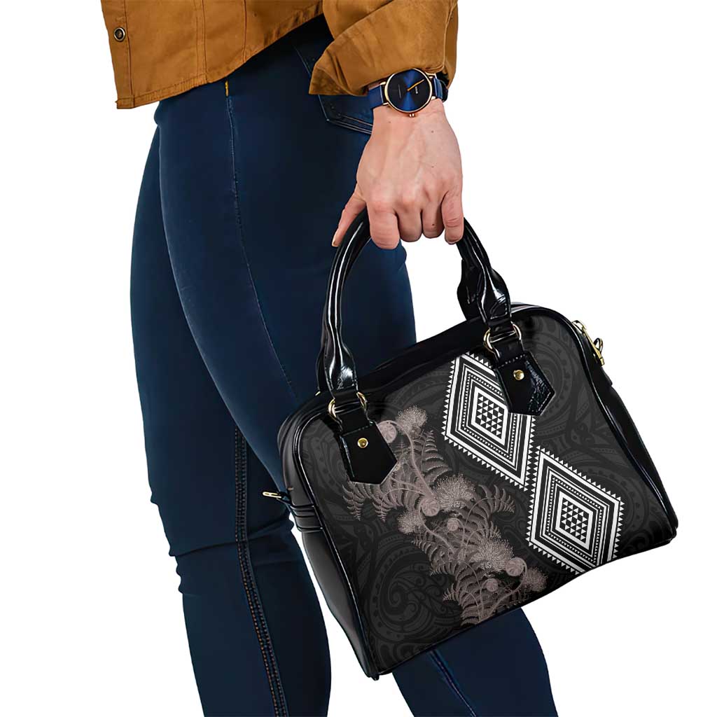 Aotearoa Tukutuku Motif Shoulder Handbag Pohutukawa and Fern Leaves Grayscale Color LT03 - Polynesian Pride