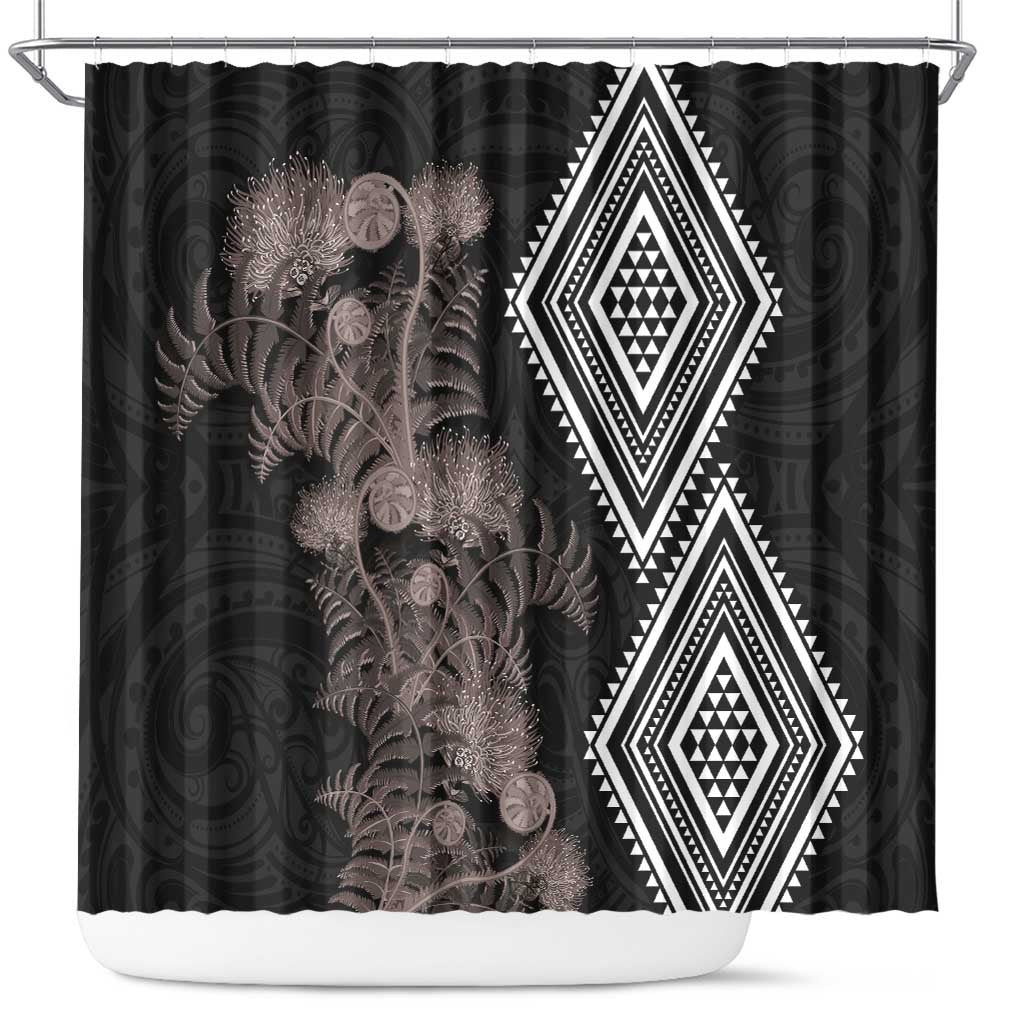 Aotearoa Tukutuku Motif Shower Curtain Pohutukawa and Fern Leaves Grayscale Color LT03 Black - Polynesian Pride