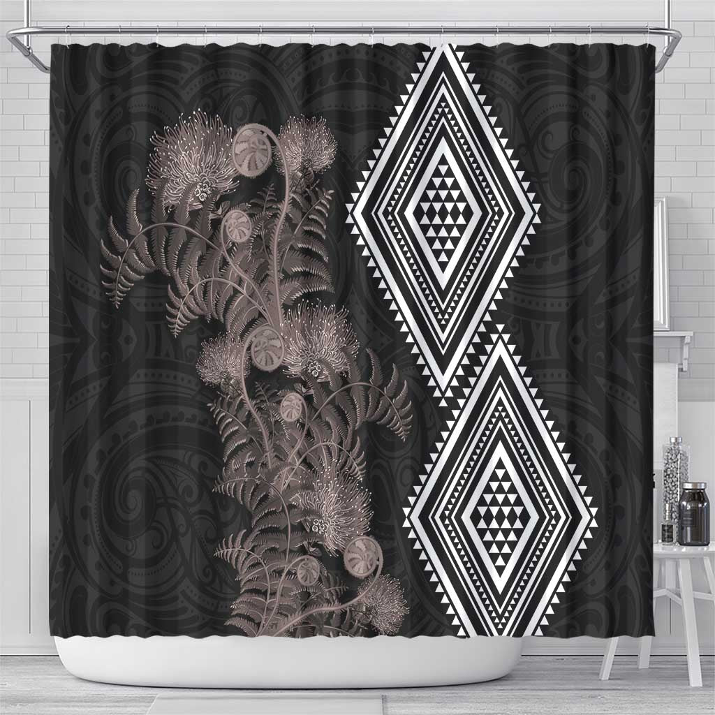 Aotearoa Tukutuku Motif Shower Curtain Pohutukawa and Fern Leaves Grayscale Color LT03 - Polynesian Pride