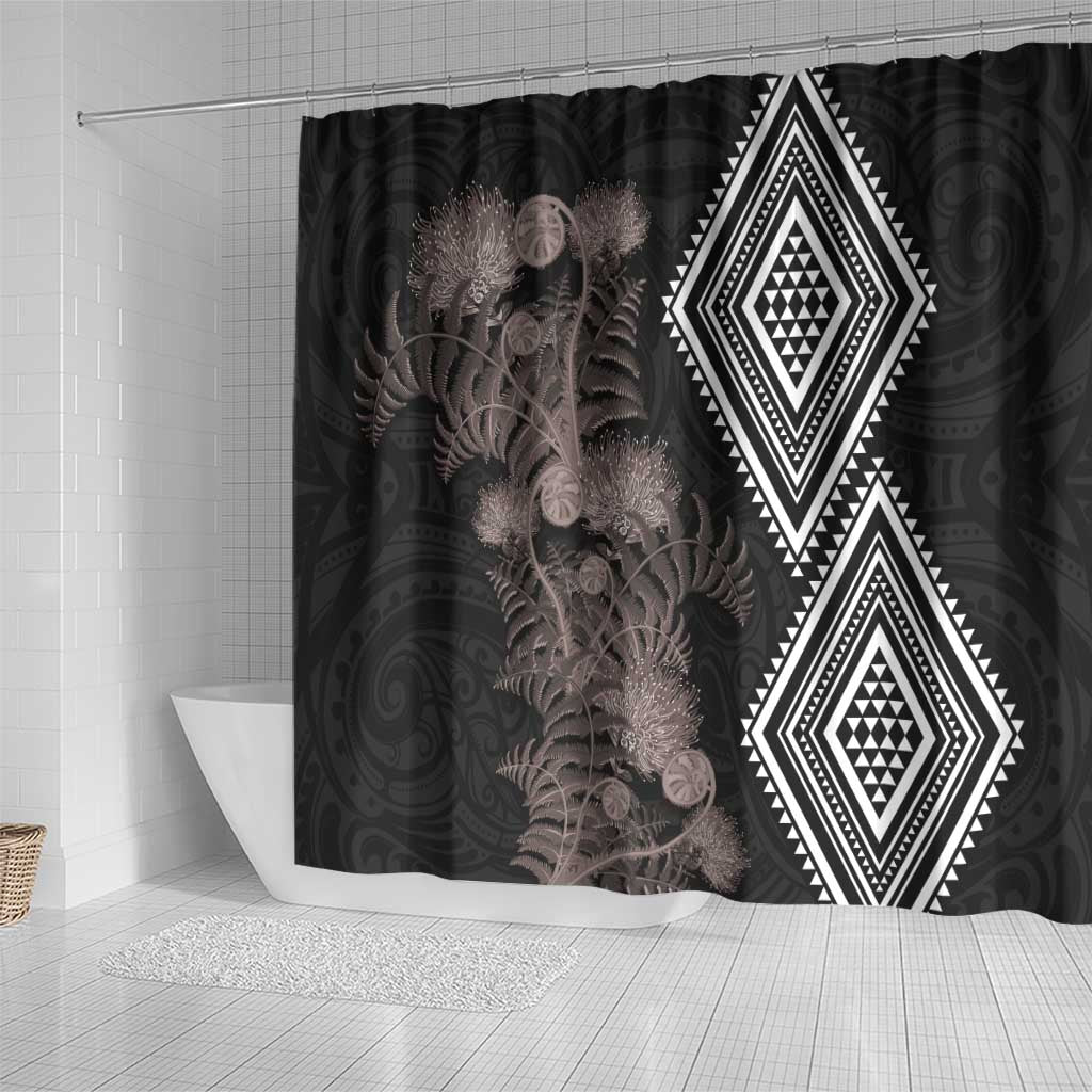 Aotearoa Tukutuku Motif Shower Curtain Pohutukawa and Fern Leaves Grayscale Color LT03 - Polynesian Pride