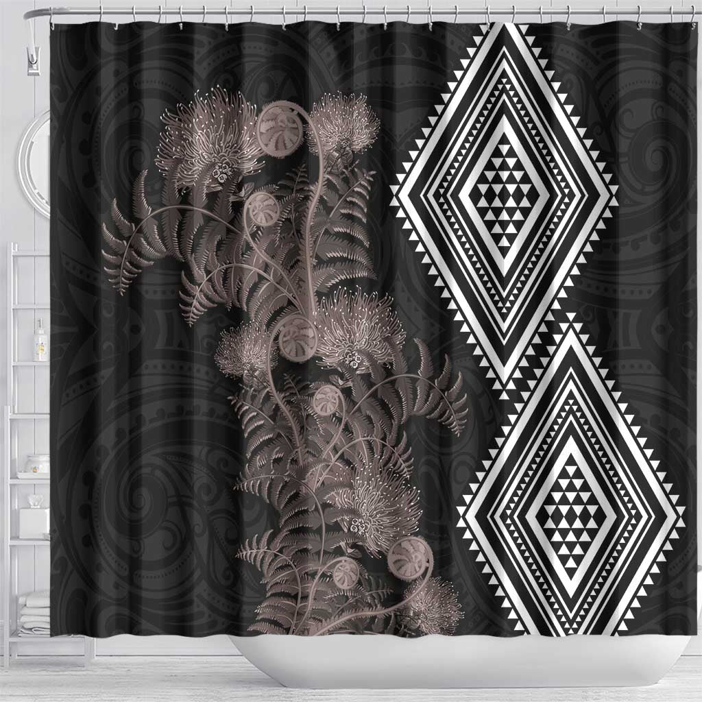 Aotearoa Tukutuku Motif Shower Curtain Pohutukawa and Fern Leaves Grayscale Color LT03 - Polynesian Pride