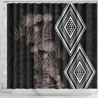 Aotearoa Tukutuku Motif Shower Curtain Pohutukawa and Fern Leaves Grayscale Color LT03 - Polynesian Pride