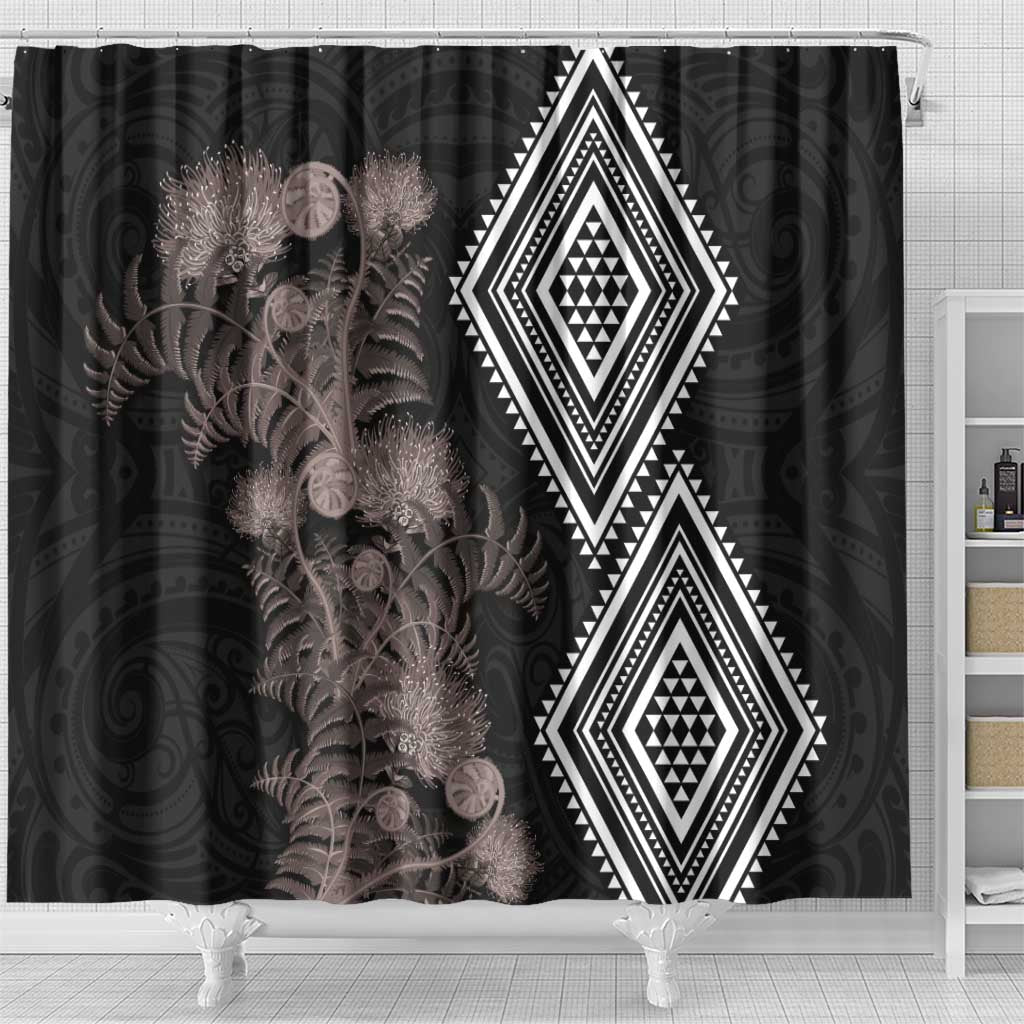 Aotearoa Tukutuku Motif Shower Curtain Pohutukawa and Fern Leaves Grayscale Color LT03 - Polynesian Pride
