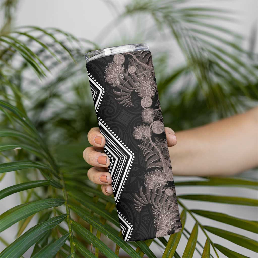 Aotearoa Tukutuku Motif Skinny Tumbler Pohutukawa and Fern Leaves Grayscale Color LT03 - Polynesian Pride