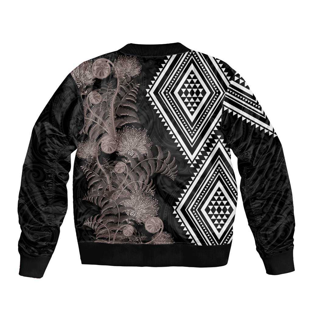 Aotearoa Tukutuku Motif Sleeve Zip Bomber Jacket Pohutukawa and Fern Leaves Grayscale Color LT03 - Polynesian Pride