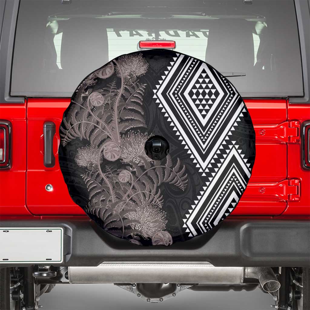 Aotearoa Tukutuku Motif Spare Tire Cover Pohutukawa and Fern Leaves Grayscale Color LT03 - Polynesian Pride