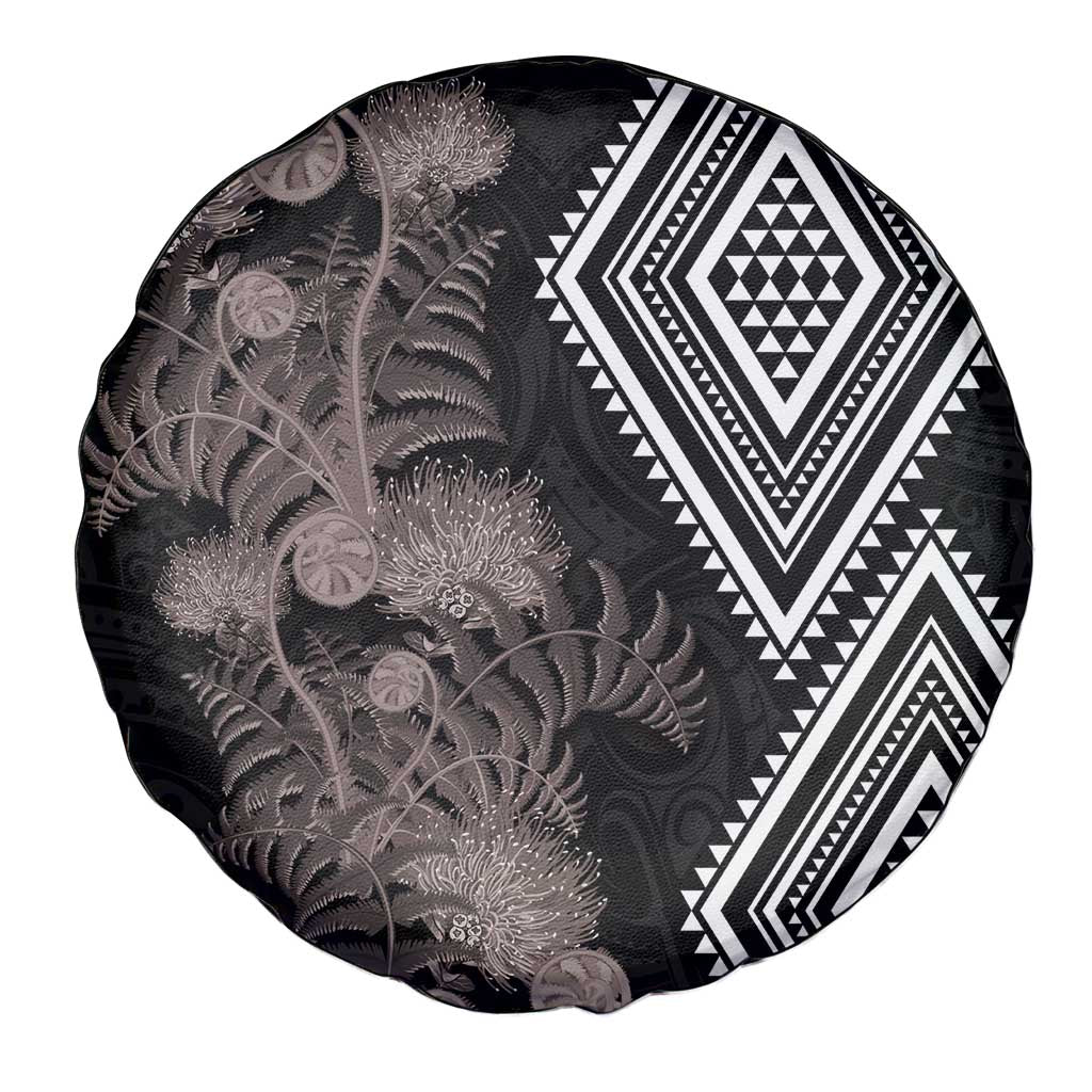 Aotearoa Tukutuku Motif Spare Tire Cover Pohutukawa and Fern Leaves Grayscale Color LT03 - Polynesian Pride