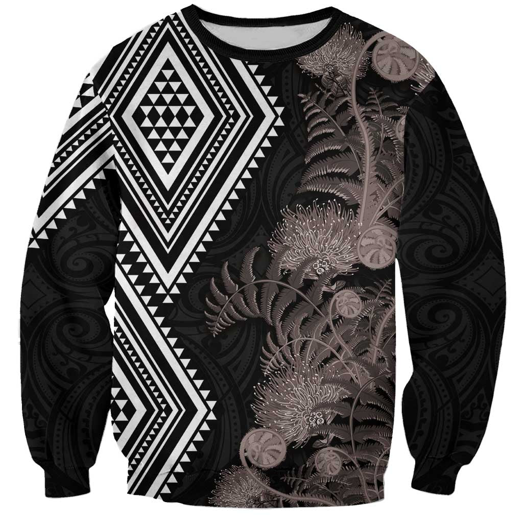 Aotearoa Tukutuku Motif Sweatshirt Pohutukawa and Fern Leaves Grayscale Color LT03 Unisex Black - Polynesian Pride