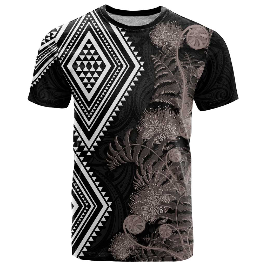 Aotearoa Tukutuku Motif T Shirt Pohutukawa and Fern Leaves Grayscale Color LT03 Black - Polynesian Pride