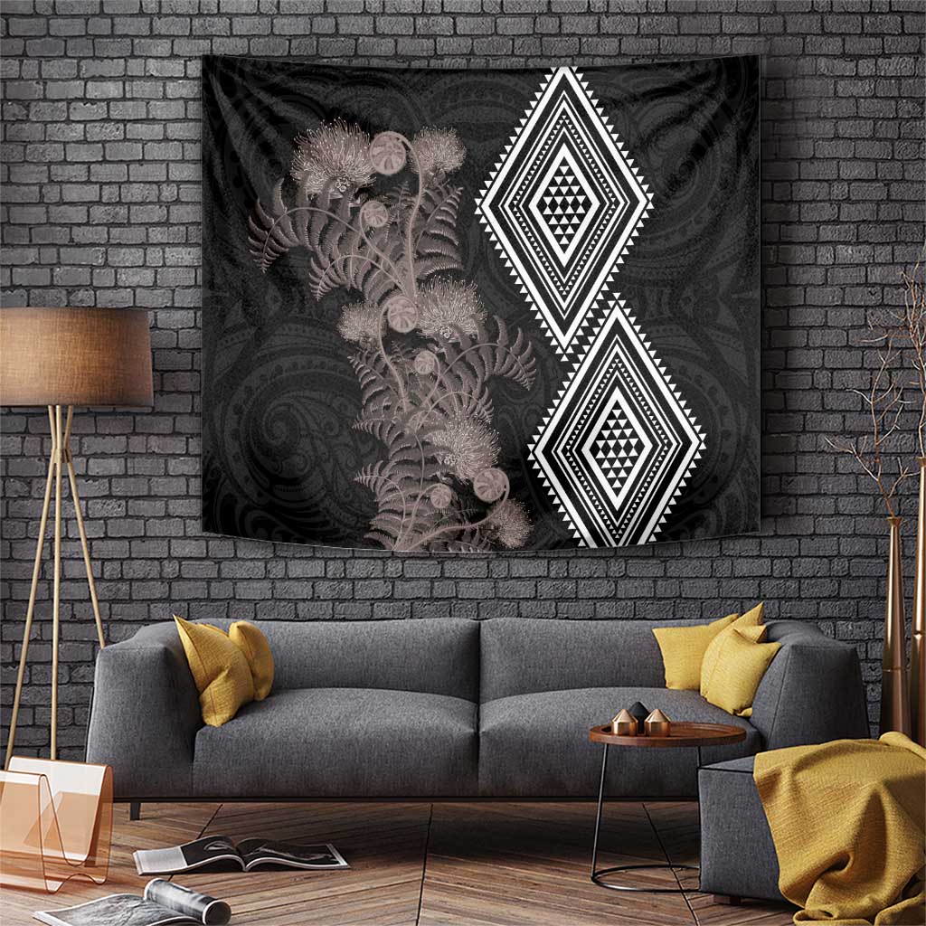 Aotearoa Tukutuku Motif Tapestry Pohutukawa and Fern Leaves Grayscale Color LT03 Black - Polynesian Pride