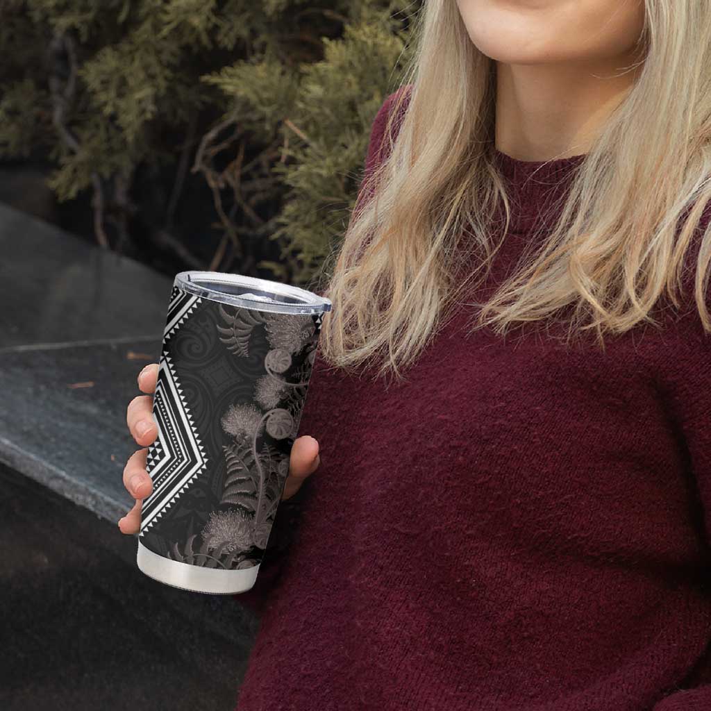 Aotearoa Tukutuku Motif Tumbler Cup Pohutukawa and Fern Leaves Grayscale Color LT03 - Polynesian Pride