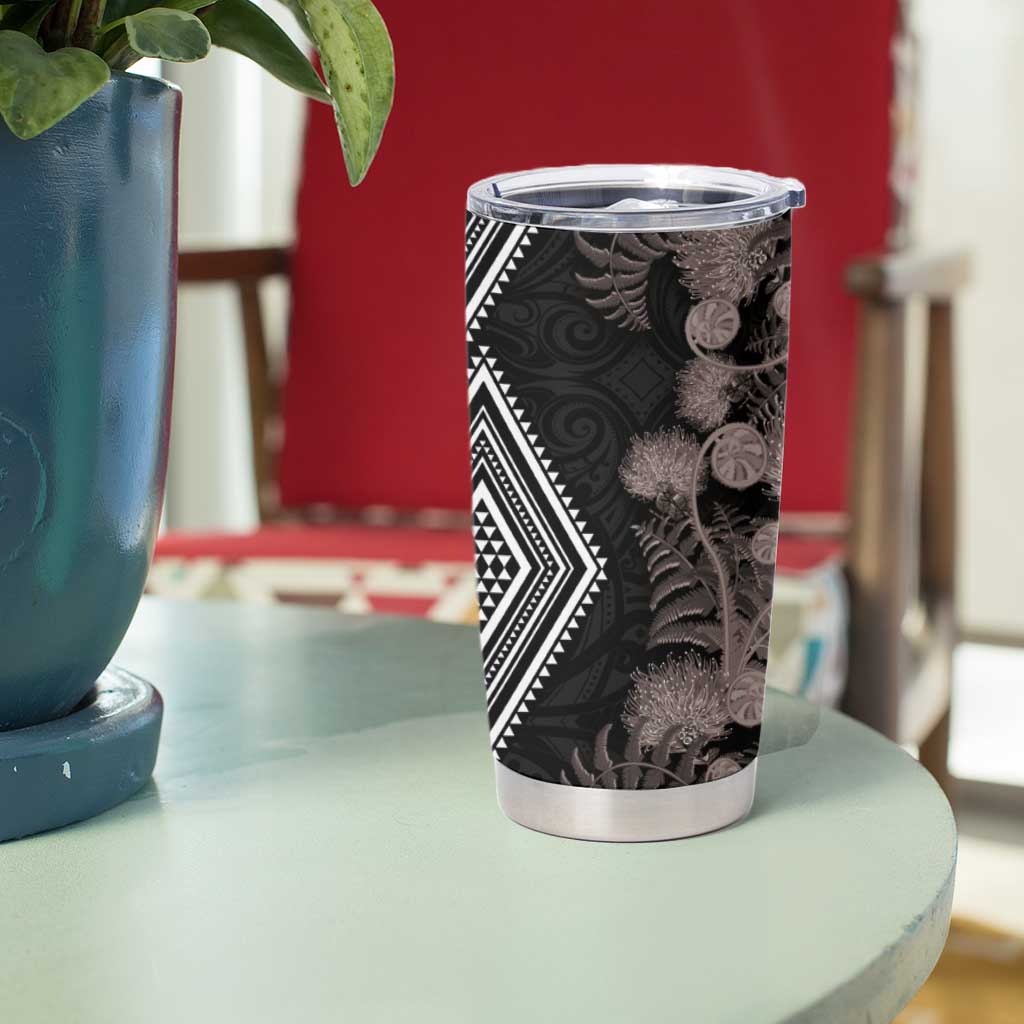 Aotearoa Tukutuku Motif Tumbler Cup Pohutukawa and Fern Leaves Grayscale Color LT03 - Polynesian Pride