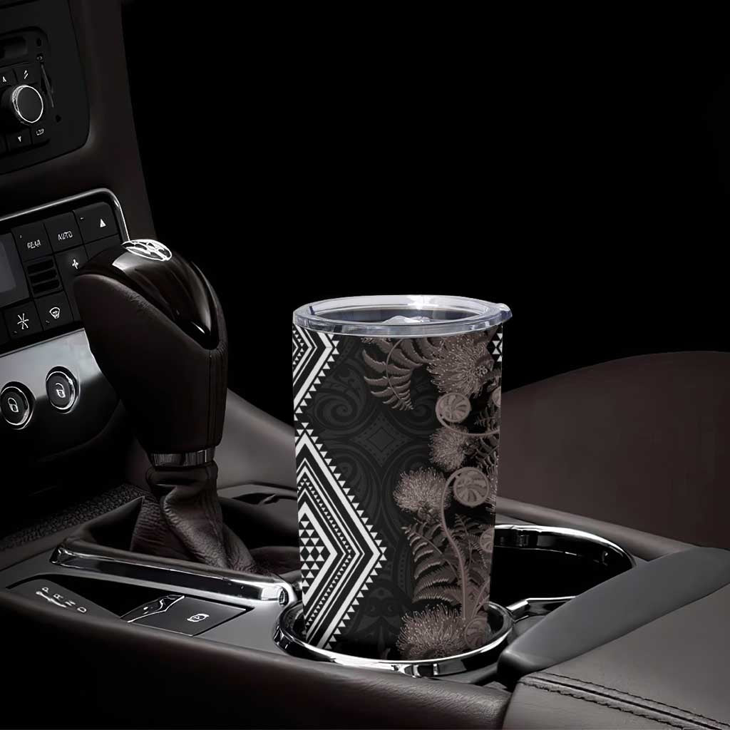 Aotearoa Tukutuku Motif Tumbler Cup Pohutukawa and Fern Leaves Grayscale Color LT03 - Polynesian Pride