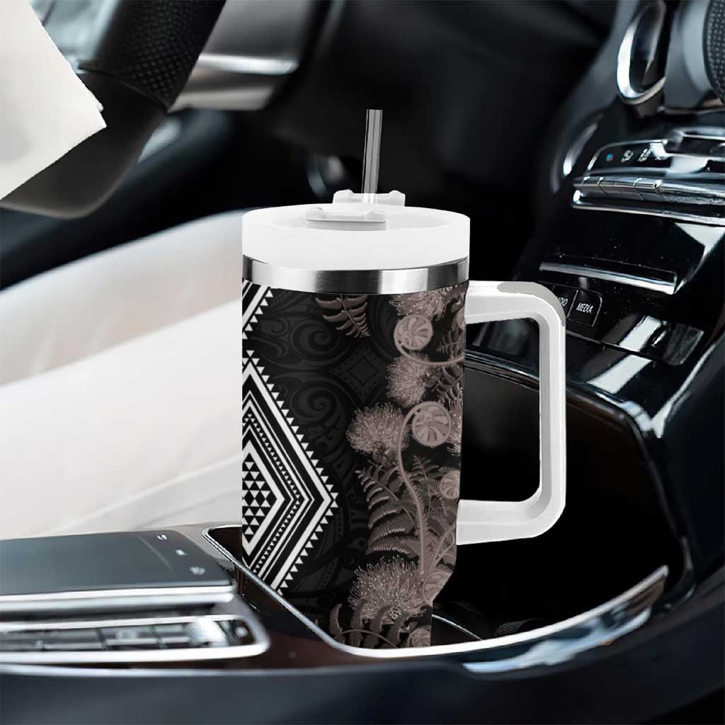 Aotearoa Tukutuku Motif Tumbler With Handle Pohutukawa and Fern Leaves Grayscale Color LT03 - Polynesian Pride