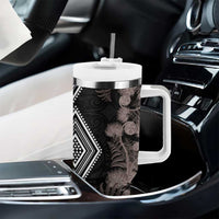 Aotearoa Tukutuku Motif Tumbler With Handle Pohutukawa and Fern Leaves Grayscale Color LT03 - Polynesian Pride