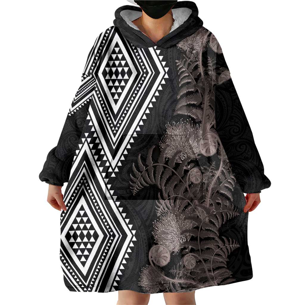 Aotearoa Tukutuku Motif Wearable Blanket Hoodie Pohutukawa and Fern Leaves Grayscale Color LT03 - Polynesian Pride
