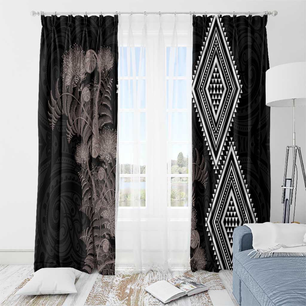 Aotearoa Tukutuku Motif Window Curtain Pohutukawa and Fern Leaves Grayscale Color LT03 - Polynesian Pride
