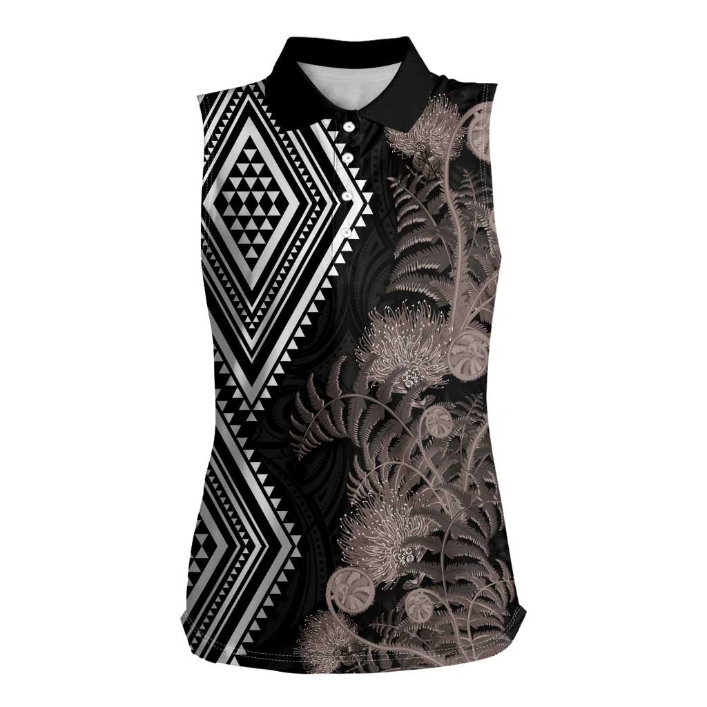 Aotearoa Tukutuku Motif Women Sleeveless Polo Shirt Pohutukawa and Fern Leaves Grayscale Color LT03 Female Black - Polynesian Pride