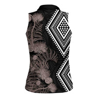 Aotearoa Tukutuku Motif Women Sleeveless Polo Shirt Pohutukawa and Fern Leaves Grayscale Color LT03 - Polynesian Pride