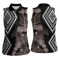 Aotearoa Tukutuku Motif Women Sleeveless Polo Shirt Pohutukawa and Fern Leaves Grayscale Color LT03 - Polynesian Pride