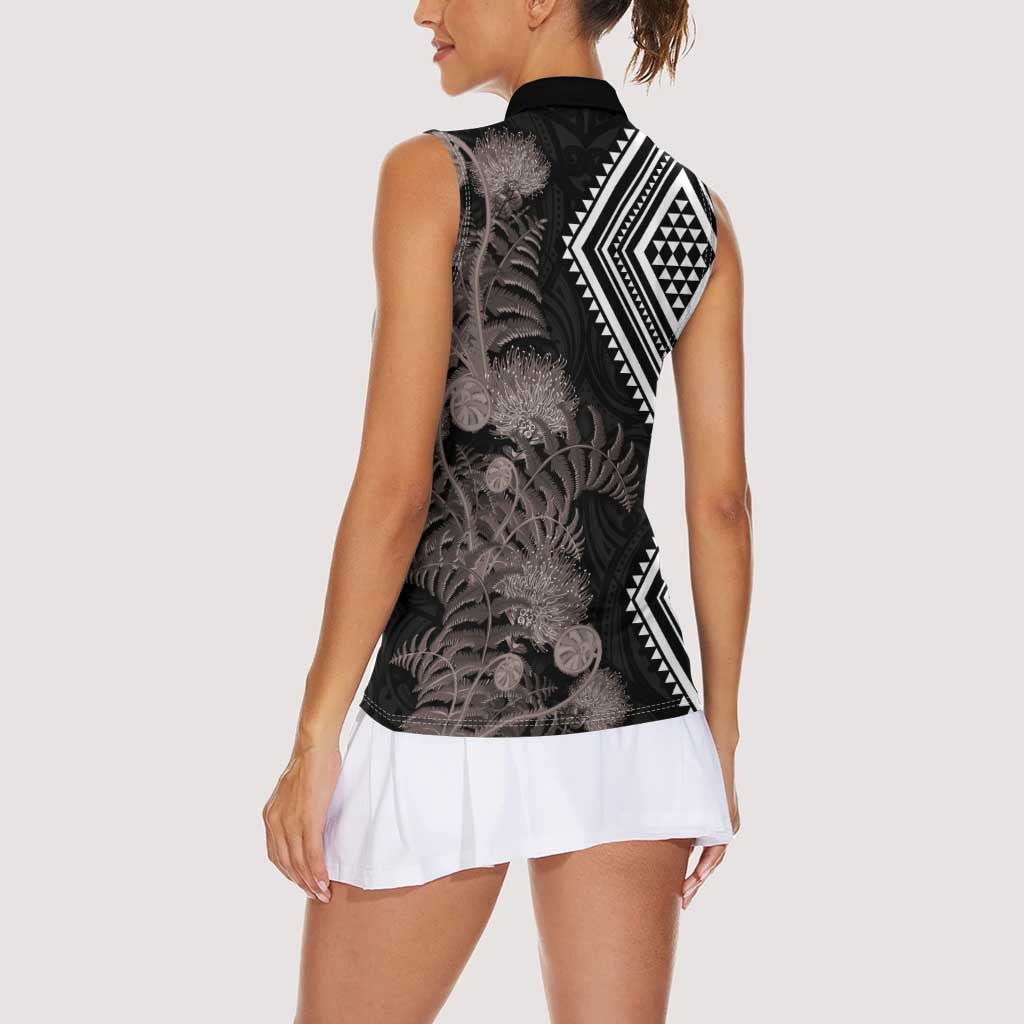 Aotearoa Tukutuku Motif Women Sleeveless Polo Shirt Pohutukawa and Fern Leaves Grayscale Color LT03 - Polynesian Pride