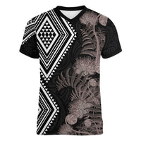 Aotearoa Tukutuku Motif Women V-Neck T-Shirt Pohutukawa and Fern Leaves Grayscale Color LT03 Female Black - Polynesian Pride