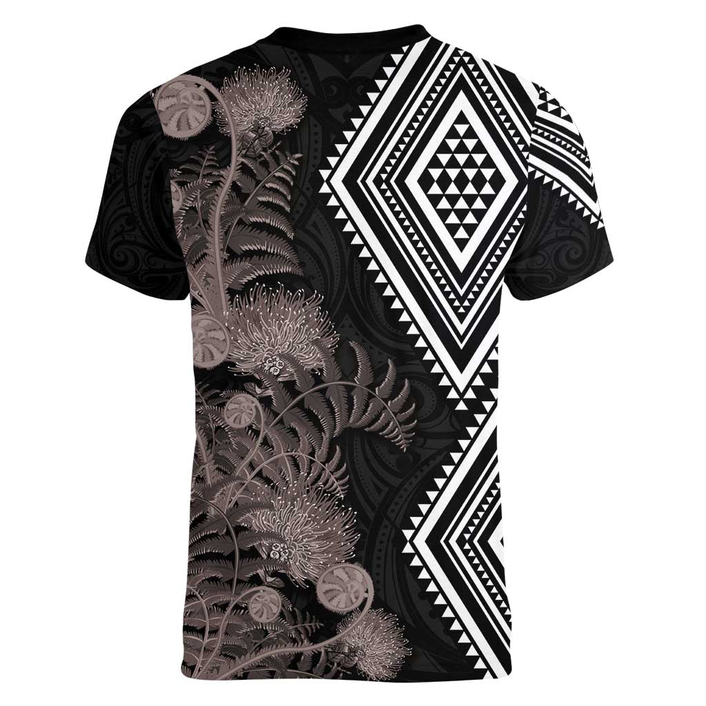 Aotearoa Tukutuku Motif Women V-Neck T-Shirt Pohutukawa and Fern Leaves Grayscale Color LT03 - Polynesian Pride