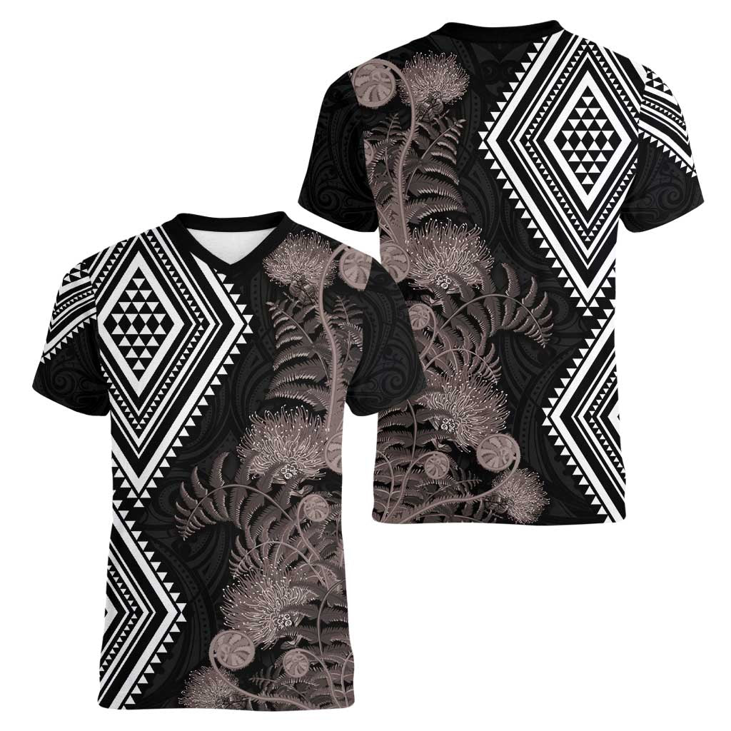 Aotearoa Tukutuku Motif Women V-Neck T-Shirt Pohutukawa and Fern Leaves Grayscale Color LT03 - Polynesian Pride