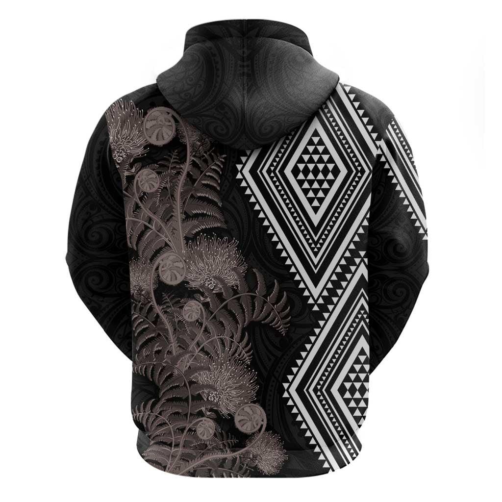 Aotearoa Tukutuku Motif Zip Hoodie Pohutukawa and Fern Leaves Grayscale Color LT03 - Polynesian Pride