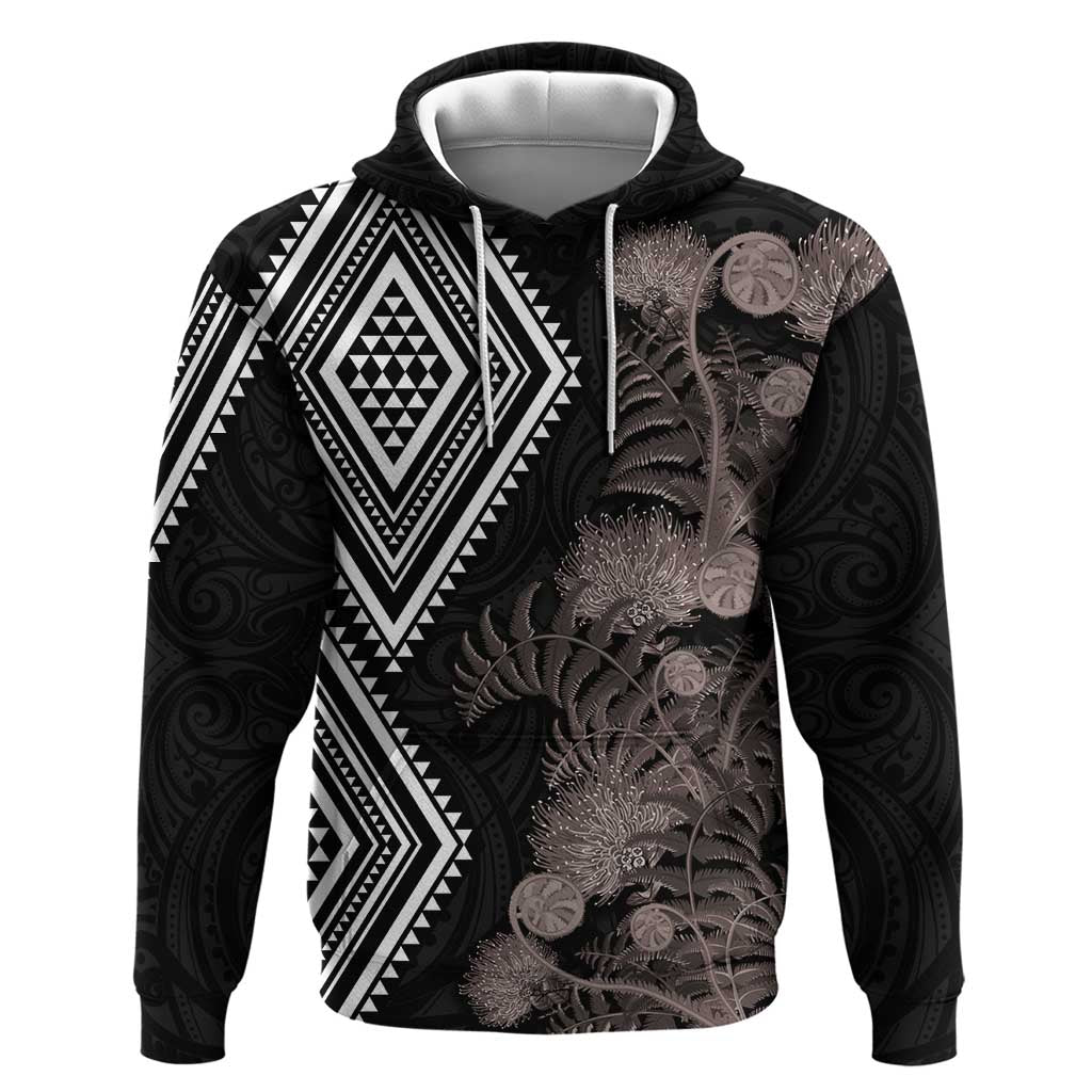 Aotearoa Tukutuku Motif Zip Hoodie Pohutukawa and Fern Leaves Grayscale Color LT03 Pullover Hoodie Black - Polynesian Pride