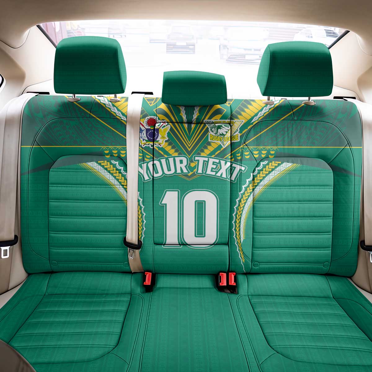 Custom Cook Islands Rugby Back Car Seat Cover Tatau Art Sport Style Green Color LT03 - Polynesian Pride