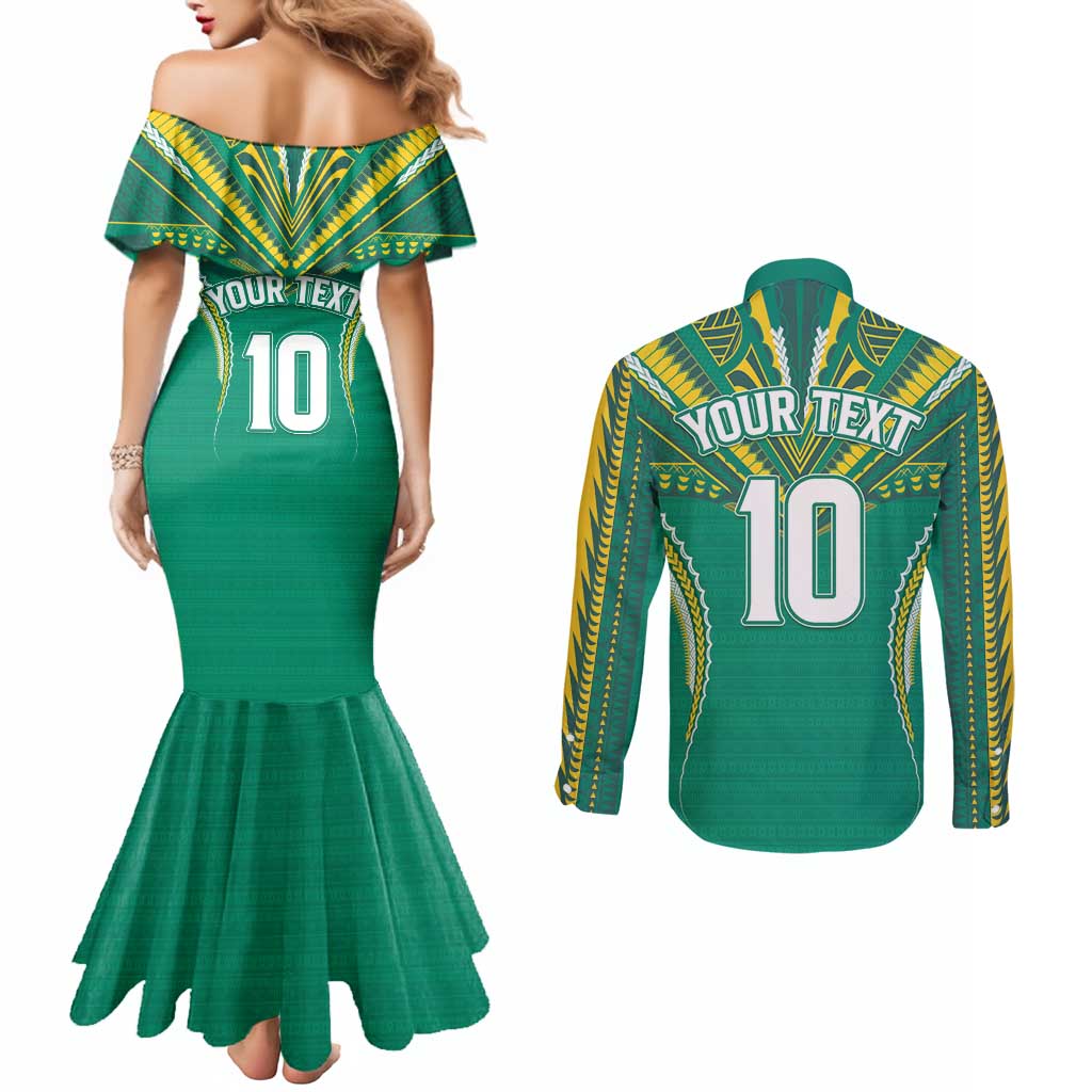 Custom Cook Islands Rugby Couples Matching Mermaid Dress and Long Sleeve Button Shirt Tatau Art Sport Style Green Color LT03 - Polynesian Pride