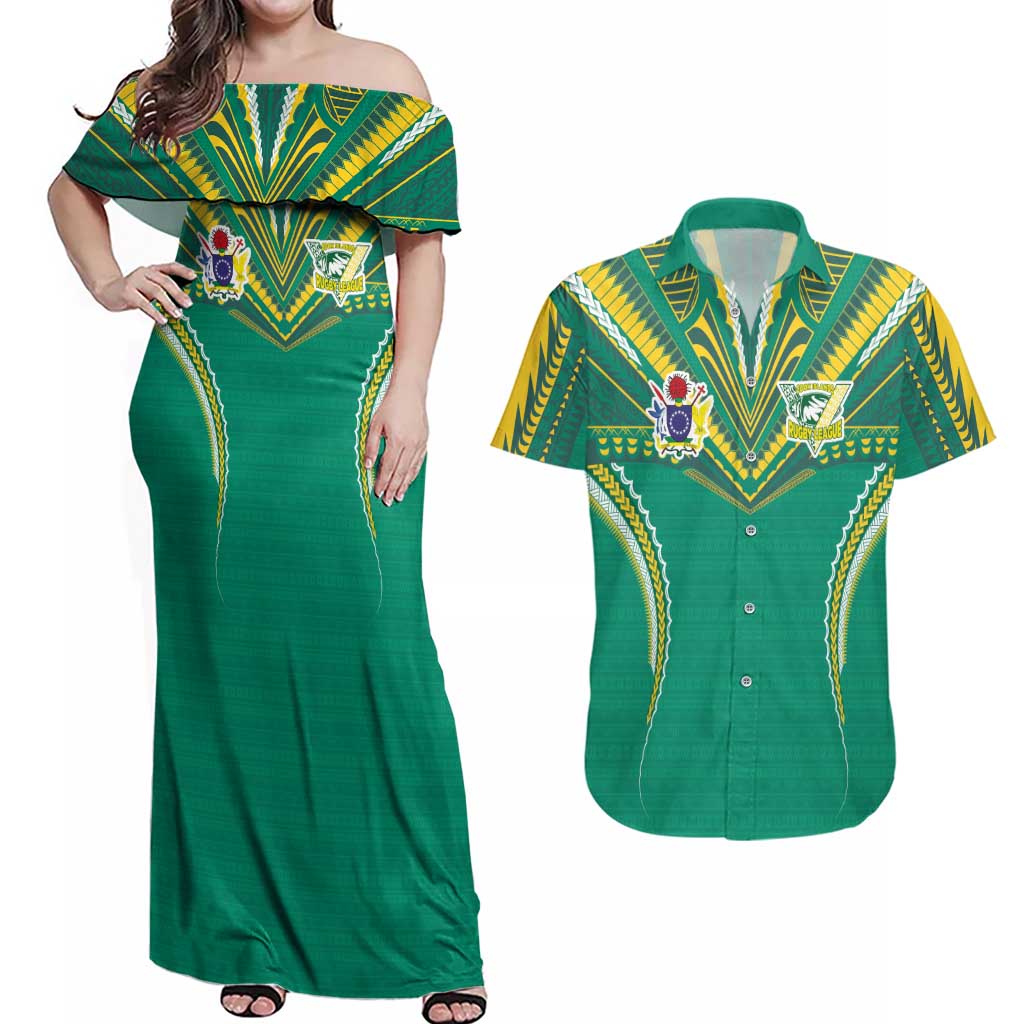 Custom Cook Islands Rugby Couples Matching Off Shoulder Maxi Dress and Hawaiian Shirt Tatau Art Sport Style Green Color LT03 Green - Polynesian Pride
