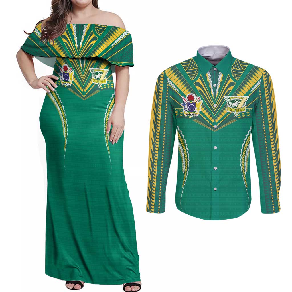 Custom Cook Islands Rugby Couples Matching Off Shoulder Maxi Dress and Long Sleeve Button Shirt Tatau Art Sport Style Green Color LT03 Green - Polynesian Pride