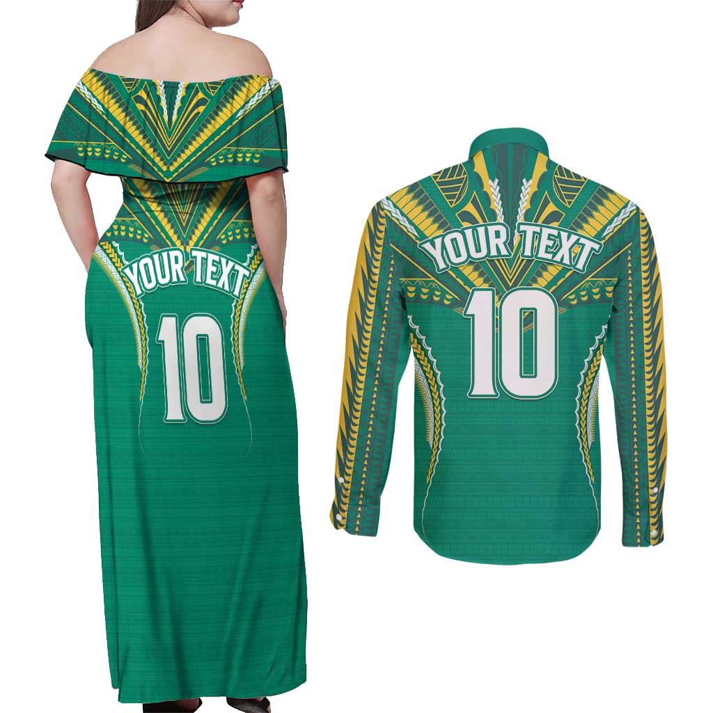 Custom Cook Islands Rugby Couples Matching Off Shoulder Maxi Dress and Long Sleeve Button Shirt Tatau Art Sport Style Green Color LT03 - Polynesian Pride