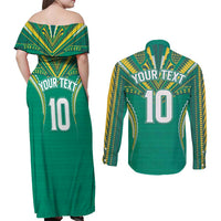 Custom Cook Islands Rugby Couples Matching Off Shoulder Maxi Dress and Long Sleeve Button Shirt Tatau Art Sport Style Green Color LT03 - Polynesian Pride