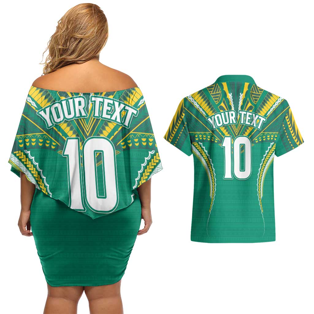 Custom Cook Islands Rugby Couples Matching Off Shoulder Short Dress and Hawaiian Shirt Tatau Art Sport Style Green Color LT03 - Polynesian Pride