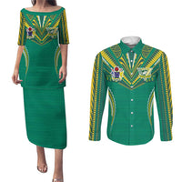 Custom Cook Islands Rugby Couples Matching Puletasi and Long Sleeve Button Shirt Tatau Art Sport Style Green Color LT03 Green - Polynesian Pride