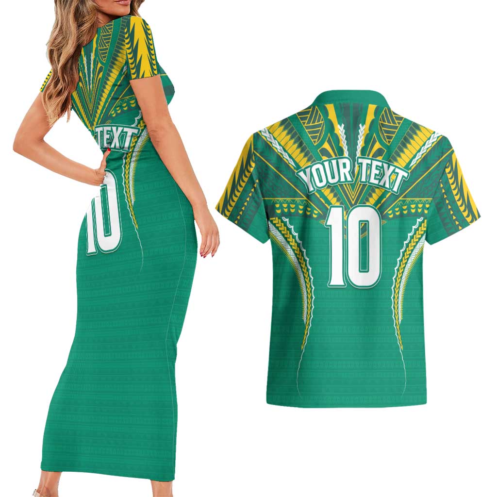 Custom Cook Islands Rugby Couples Matching Short Sleeve Bodycon Dress and Hawaiian Shirt Tatau Art Sport Style Green Color LT03 - Polynesian Pride