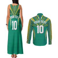 Custom Cook Islands Rugby Couples Matching Tank Maxi Dress and Long Sleeve Button Shirt Tatau Art Sport Style Green Color LT03 - Polynesian Pride