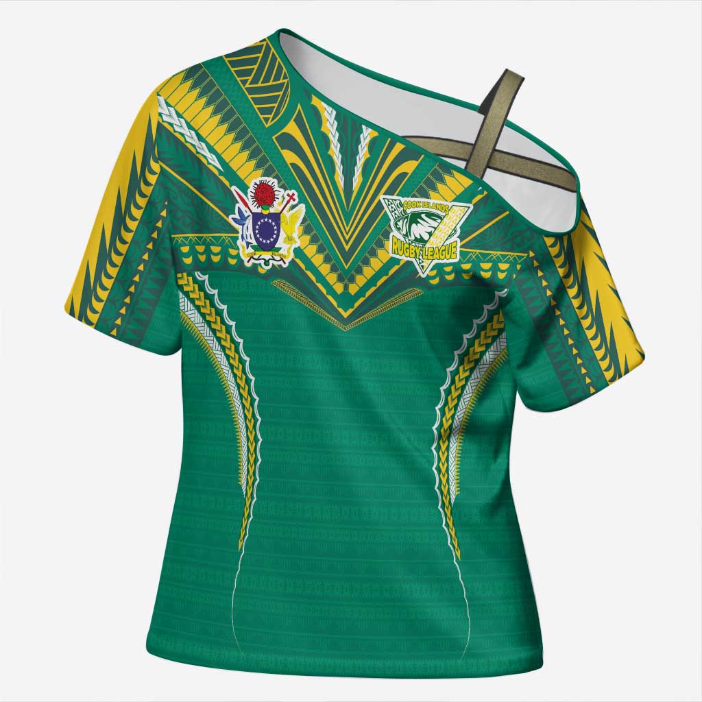 Custom Cook Islands Rugby Cross Shoulder Shirt Tatau Art Sport Style Green Color LT03 Female Green - Polynesian Pride