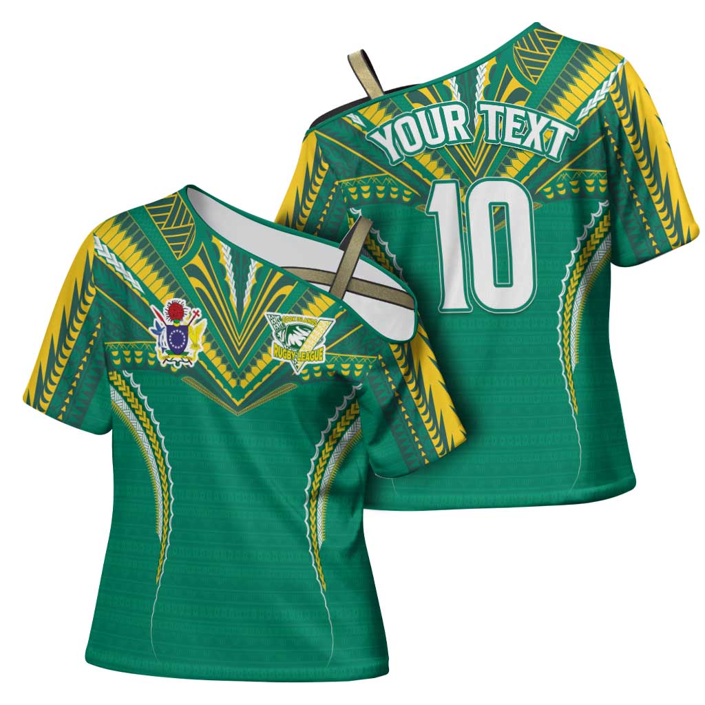 Custom Cook Islands Rugby Cross Shoulder Shirt Tatau Art Sport Style Green Color LT03 - Polynesian Pride