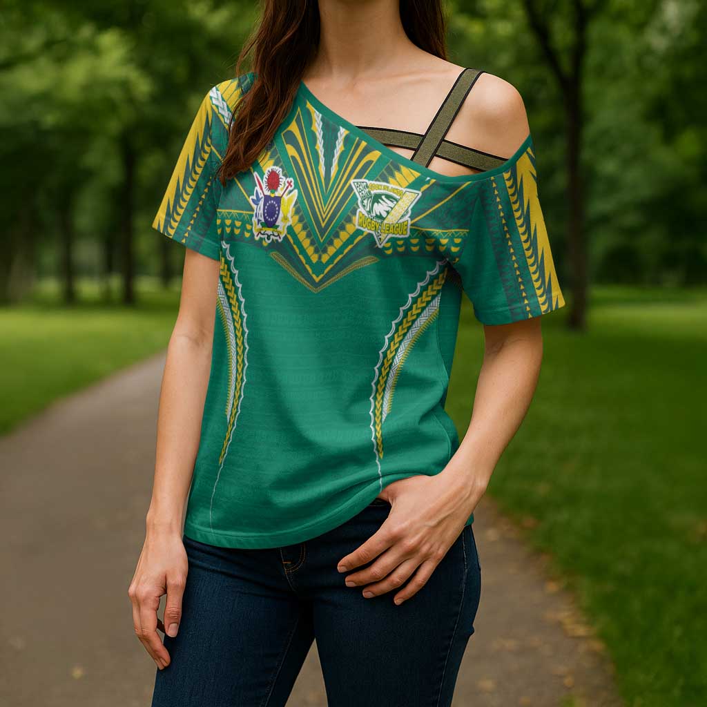 Custom Cook Islands Rugby Cross Shoulder Shirt Tatau Art Sport Style Green Color LT03 - Polynesian Pride